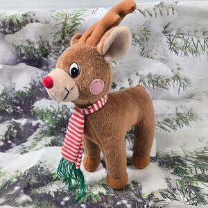 Vintage Sugar Loaf Reindeer Red Nose Antlers Rosy Cheeks Christmas Stripe Scarf